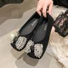 Sapatos Rasos Quadrados Femininos 2025 Novo Bico Quadrado Sapatinhos de Fada Boca Rasa Primavera Verão Strass Sapatos Suaves de Festa com Saia