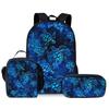 Mochila Estampada de Tortuga Azul Mochila de Tres Piezas DIY Estampada para Estudiante de Primaria Bolsa para Comida Estuche