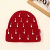 Gorro de Punto con Pedrería para Otoño e Invierno para Mujer, Gorro de Lana Grueso con Puño Decorado con Pedrería, Gorro de Punto Cálido de Color Sólido Elástico Venta al por Mayor