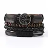 Conjunto de Pulseiras de Couro Trançado Europeias e Americanas para Homens, com Múltiplas Camadas e Design de Caveira, Corrente de Pulseira de Couro Genuíno
