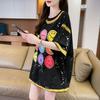 Camiseta de Manga Corta Estampada con Cara Sonriente Retro Americana para Mujer 2025 Verano Nuevo Diseño Holgado Chic Top de Algodón Puro