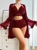 Lencería Sexy de Encaje de Color Sólido para Mujer Transfronteriza, Bata Sencilla para Dormir Diariamente, Conjunto de Tres Piezas, Más Vendido en Comercio Exterior
