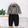 Camisa Xadrez de Manga Longa com Gravata Borboleta Casual para Meninos Roupa de Terno 2025 Nova Roupa de Primavera Bonita para Crianças