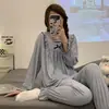 Pijama feminino outono 2022 calça de manga comprida cardigã solto terno fofo doce coreano para casa