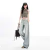 Jeans Feminino Laranja Jovem#Design Desgastado com Dobras Lavadas Perna Larga Solto Emagrecedor Personalidade Tendência Versátil Calças Compridas