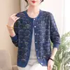 Cardigã de Malha Estiloso Estampado para Mulheres de Meia-Idade e Idosas, Jaqueta de Botão com Gola Redonda, Blusa Fina de Outono para Mãe, Camisa Pequena Solta