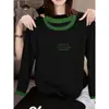 Camiseta feminina única de algodão puro com mangas compridas, gola redonda e blocos de cor, estilo ombro a ombro, moderna e versátil, base que afina, novo estilo de outono