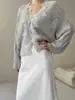 Cárdigan de punto calado con cuello en V y ribete de encaje francés, nueva colección de otoño, suéter de lana con hilo dorado para mujer, prenda exterior, blusa para mujer