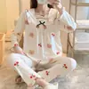 Conjunto de Ropa de Casa Femenino para Primavera y Otoño para Mujeres: Conjunto Casual de Dos Piezas para Dormir con Estampado de Oso de Dibujos Animados, Cuello Cuadrado, Lazo, Manga Larga y Pantalones Largos