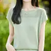 Camiseta de Tricô de Linho Gelo com Gola Redonda e Manga Curta para Mulheres, Estilo Fino de Verão, Fresca e Respirável, Mangas Curtas com Babados Pequenos Vazados, Top Rosa