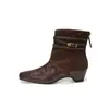 Botas Ankle Boot Quadradas Retrô Desgastadas em Patchwork para Mulheres Couro Trançado Fivela Cano Dobrável Couro Macio Salto Bloco Botas Maillard Martin