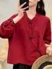 Nueva colección de primavera y otoño: Camisa larga versátil, casual y elegante de estilo chino con cuello mandarín y tapeta abotonada, en un diseño de top corto para mujer