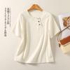Foto Real da Nova Coleção de Verão 2026 Tamanho Plus Size Blusa Solta, Camiseta Artística de Cor Sólida com Botão, Blusa Feminina Casual de Manga Curta com Gola Redonda