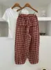 Calça pantalona xadrez retrô para mulheres, cintura elástica, corte solto, afina a silhueta, calça casual versátil, calça longa versátil feminina com estampa xadrez