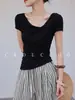 Camiseta de Manga Corta con Cuello Drapeado de Lana Tencel Estilo Francés Perezoso Chic para Mujer con Diseño Irregular Cortado al Sesgo Tridimensional para Verano