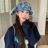 Bonito Sombrero Octogonal a Cuadros con Orejas de Conejo de Peluche y Lazo para Mujer Estilo Otoño/Invierno Dulce Versátil Adelgazante Boina
