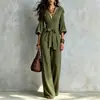 Mono de otoño estilo francés con cuello en V, pantalón de pierna ancha, mangas abullonadas, cinturón de corbata, cintura alta, adelgazante, mono de longitud larga