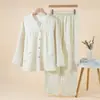 Pijama de Algodão Puro com Textura Plissada em Gaze Dupla, 60 Contagens, Manga Longa para Casal, Roupa de Casa, Conjunto Elegante e Descontraído