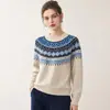 Suéter de Lana Tejido Fair Isle Vintage para Mujer, Cuello Redondo, Estilo Étnico, Corte Holgado, Casual, Prenda Base para Otoño/Invierno