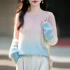 Nuevo suéter de lana con cuello redondo y degradado estilo perezoso para mujer, corte holgado, top de punto cepillado, suéter de punto suave y cómodo para otoño e invierno