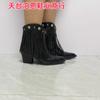 Moda Europea y Americana Nueva Talla Grande Punta Fina Slip-On Tacón Alto Grueso Botas de Cuero para Mujer Comercio Exterior Transfronterizo PU Borla Botines