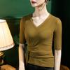 T-shirt de renda de verão V-neck Women's Slim-fit Half-sleeve Design Sense 2022 Early Autumn New Style Mid-sleeve Base Shirt
