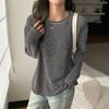 K2236 Camiseta Básica Rayada de Cuello Redondo Cuidadosamente Seleccionada para Mujer en Otoño e Invierno, Estilo Perezoso, Holgada, Ceñida y Versátil, Top de Manga Larga