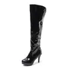 Botas Longas de Couro Patente Transfronteiriças para Outono e Inverno com Plataforma Impermeável, Bico Redondo, Salto Alto, Botas Femininas Plus Size, Salto Stiletto Versátil, Zíper Lateral, Botas Estilo Martin