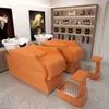 Cama de shampoo semi-reclinável em aço inoxidável para salões de beleza, popular em círculos online, com bacia cerâmica profunda