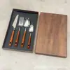 Cuchillo y Tenedor para Bistec de Palisandro con Forma de Cintura Pequeña de Acero Inoxidable 304, Juego de Cubiertos para Postre de Estilo Occidental (Cuchillo, Tenedor y Cuchara) Caja de Regalo al por Mayor