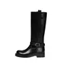 Botas de caballero de cuero de vaca de dos capas para mujer, botas largas de caña alta, nuevas para otoño e invierno, punta redonda, hebilla de cinturón, tacón medio, hasta la rodilla, botas de tubo recto para mujer