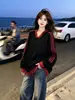 Sudadera de algodón puro composite de moda con cuello en V y encaje, con diseño de patrón de logo y tres rayas, unisex y corte holgado