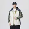 Moletom cardigã de estilo funcional para homens, nova jaqueta com capuz color block para primavera e outono, roupa de estilo de rua para adolescentes