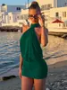 Vestido Mini Bodycon Decote Halter Costas Abertas Moda Europeia e Americana para Mulheres Cor Sólida Festa Sexy Hot Girl