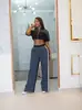 3074 Ropa Transfronteriza Europea y Americana para Mujer Amazon Splicing de Mezclilla Color Cuello Alto Cremallera Top Pantalones de Pierna Ancha Conjunto de Dos Piezas para Mujer