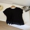 2026 Nuevo Estilo de Verano Ligero Tencel Ligeramente Transparente Dobladillo de Encaje Cuello Redondo Holgado Camiseta de Manga Corta para Mujer Estilo Corto