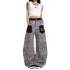 Jeans retro de calle americanos con parche de leopardo y bolsillos, para hombre y mujer, estilo callejero holgado, pierna ancha, curvos, casual, pantalones largos