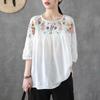 Camiseta de Manga Corta con Cuello Redondo Bordada Estilo Retro Japonés Transfronteriza para Mujer, Camisa Holgada Tipo Muñeca, Top de Algodón de Manga Cinco Cuartos Nuevo en Verano