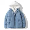 Chaqueta de Algodón con Capucha Parcheada en Blanco Crudo y Marrón, Estilo Dos Piezas Falsas, Bloques de Color con Cordón en la Capucha, Chaqueta Corta de Invierno Gruesa, Cálida y Holgada para Hombres y Mujeres