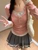 Otoño Ajustado Adelgazante Costuras Sexy Encaje Falso Dos Piezas Cuello U Manga Larga Camiseta Floral Chic Hermoso Top Ins