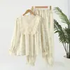 Roupa de casa feminina de crepe de algodão puro com estampa distribuída, manga curta e calça comprida para primavera e verão, pijama casual solto e confortável para casa