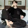 Pijama transfronterizo para hombre, primavera y otoño, a cuadros, color liso, variedad de tallas grandes, ropa de casa juvenil, conjunto de manga larga, una generación de cabello