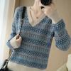Suéter de punto de cuello en V para exportación de comercio exterior para mujer 2022 Primavera y Otoño Nuevo holgado manga larga estilo perezoso todo-fósforo camisa base