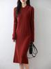 Nuevo Vestido de Punto con Solapa de Lana Pura para Otoño e Invierno 2025 de Manga Larga para Mujer, Color Puro, Aspecto Adelgazante, Falda de Longitud Media