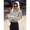 Sudadera corta con capucha gris para mujeres petite, top para principios de otoño, nuevo modelo 2026, hombro normal, corte ajustado, atuendo estilo coreano