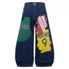 Jeans de Retazos con Estampado de Graffiti Retro Americano, Scimitar, para Hombres y Mujeres, Moda Casual Suelta de Calle, Pantalones de Pierna Ancha para Pareja