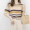 Camiseta de punto de algodón puro de manga corta con cuello redondo y rayas degradadas, nuevo estilo de verano, top sencillo de estilo coreano con bloques de color para mujer