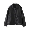 Roupas Femininas Plus Size Runqi 9606 Solta com Ombro Caído Estilo Anos 90 Biker Urbana Lenta Formato Retangular Jaqueta de Couro Casaco de Couro Ligeiramente Oversized