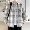 Camisa xadrez listrada de algodão puro estilo Hong Kong para homens, cardigã top artístico versão coreana de manga comprida, tamanho grande 8XL para comércio exterior