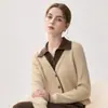 Suéter 100% cachemira pura para mujer, nuevo estilo otoño e invierno 2026, imitación de dos piezas, color contrastante, cuello de gaviota, top pullover casual engrosado